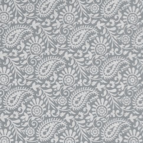 Nora Greige-WHT - Vitt 100% linnetyg med grått paisley mönster