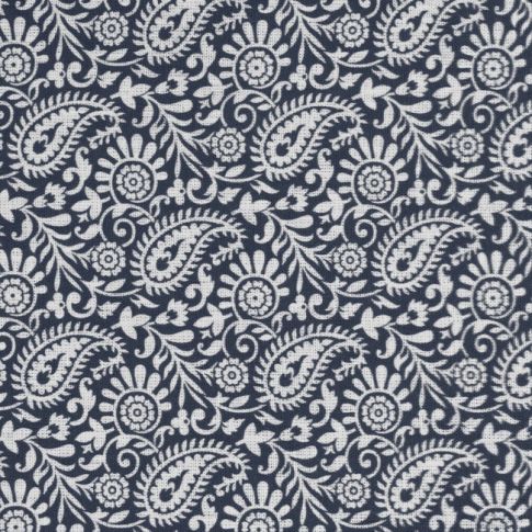 Nora Ink-WHT - Vitt 100% linnetyg med mörkblått paisley mönster