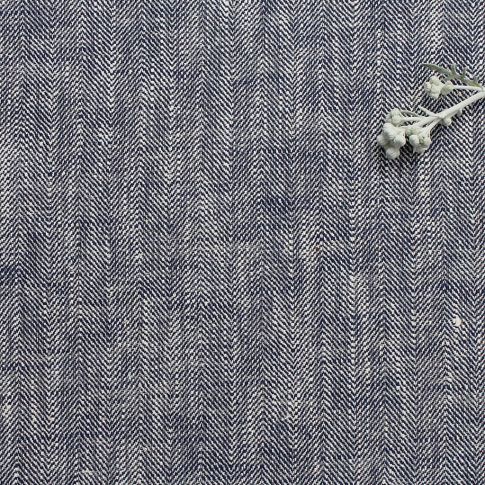  Ria Indigo - linne-bomullstyg med fiskbensväv, blått och vit linne