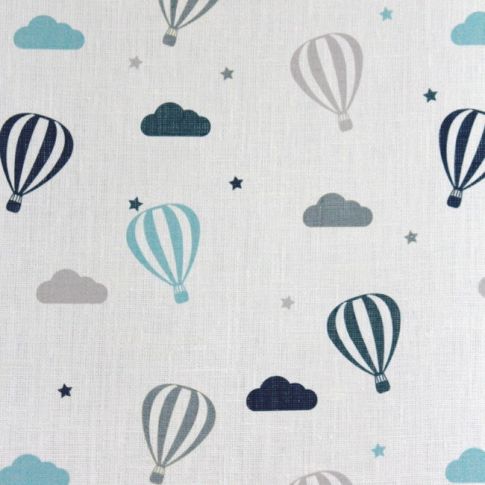 Sky Ride Blue - Vitt Barntyg, Blått mönster med varmluftsballonger!